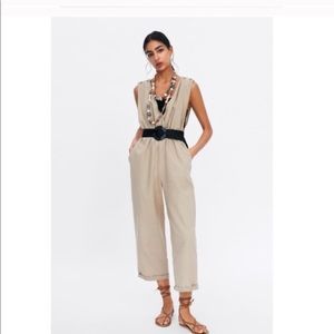 Zara jumpsuit tan linen romper one piece oversized